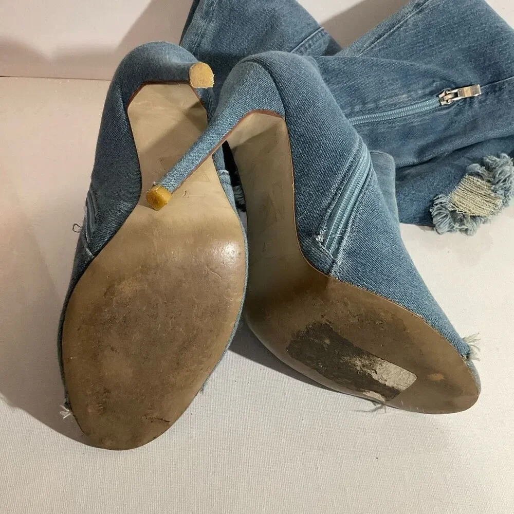 Lola Shoetique Denim Open Toe, High Heel , knee High Boots size 7
